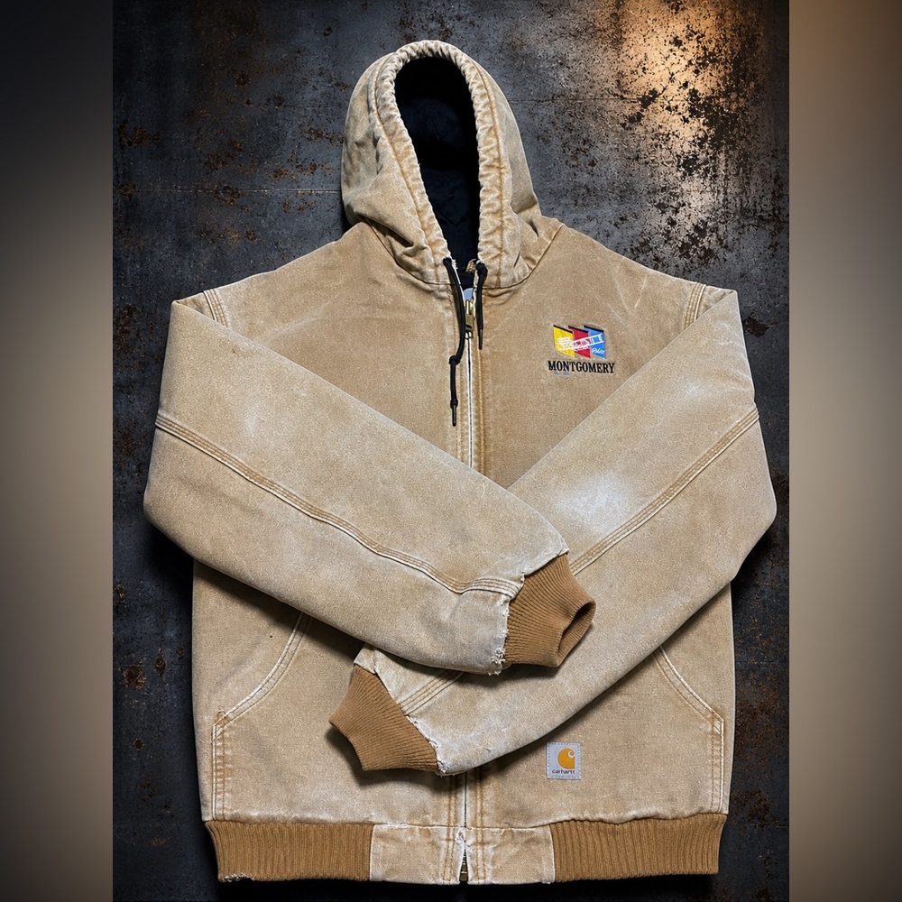 Carhartt Tan Duck Canvas Hooded Jacket Distressed Workwear Fade L J130 (2009)
